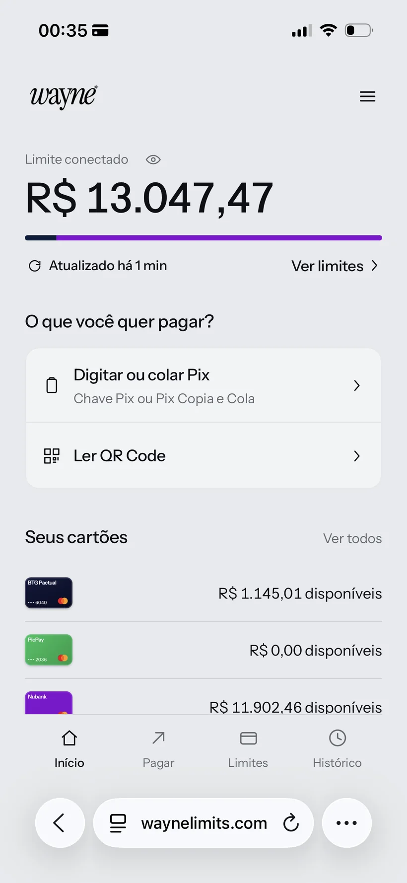 Tela da Wayne exibindo R$ 13.047,47 de limite conectado e três cartões disponíveis