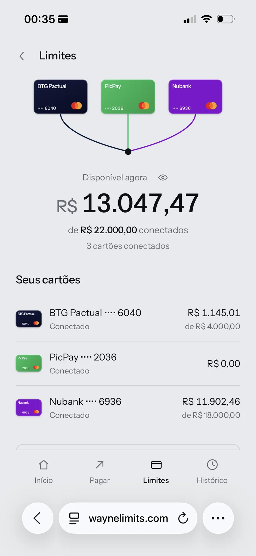 Tela real da Wayne detalhando o limite disponível em três cartões conectados