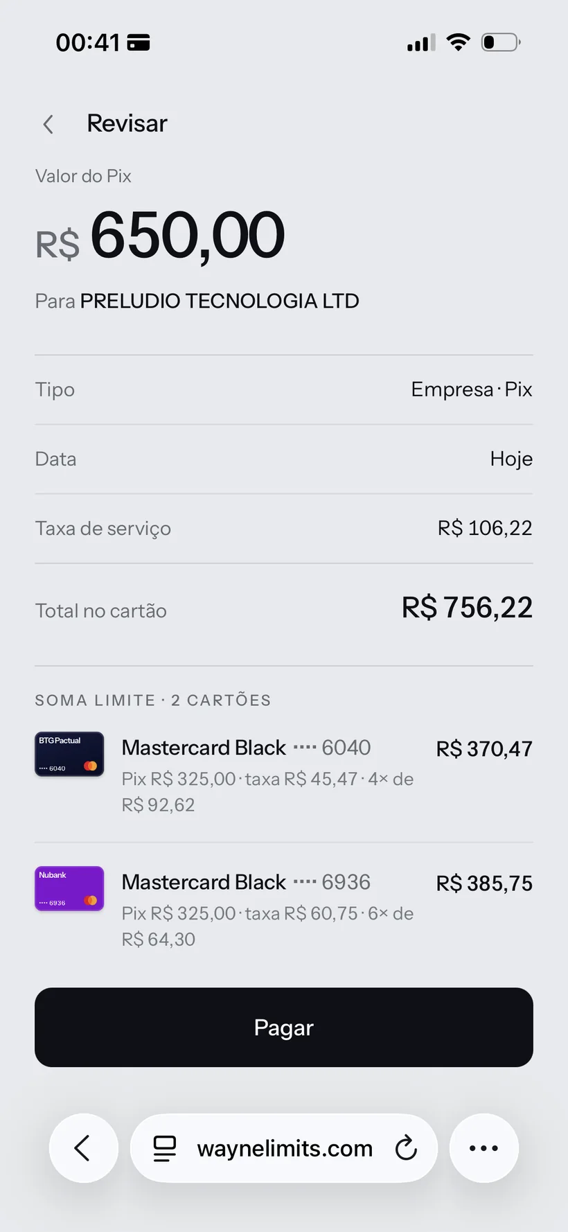 Revisão final de um Pix dividido entre dois cartões