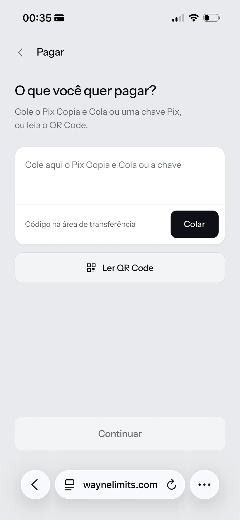 Tela real da Wayne para colar uma chave Pix ou ler um QR Code