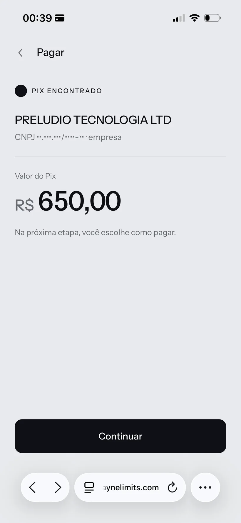 Tela real da Wayne confirmando um Pix de R$ 650,00 encontrado