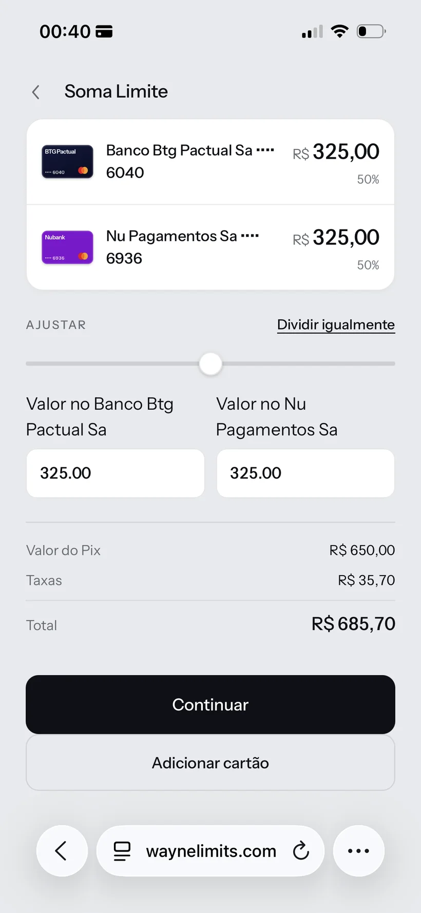 Ajuste manual dos valores divididos entre dois cartões